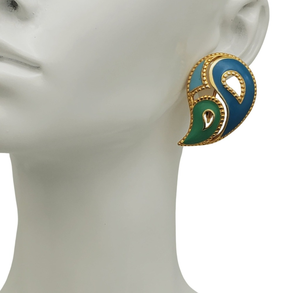 Avon Clip On Earrings Blue Green Enamel‎ Gold Tone Paisley iKaleidoscope Vintage